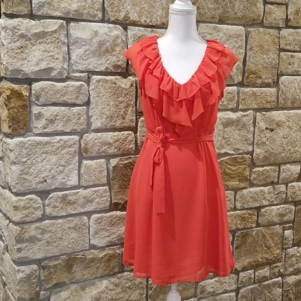 Francesca's collection dress coral orange size medium sleeveless ruffle front